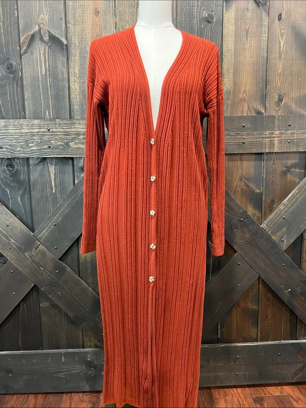 Free People Ribbed Duster Cardigan Sweater M Orange Brown Longline Boho Lounge